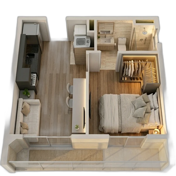 Planta 3D 29m² 1 Dorm com Terraço