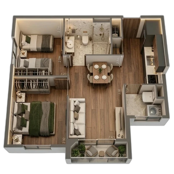 Planta 3D 37m² 2 Dorms com Terraço