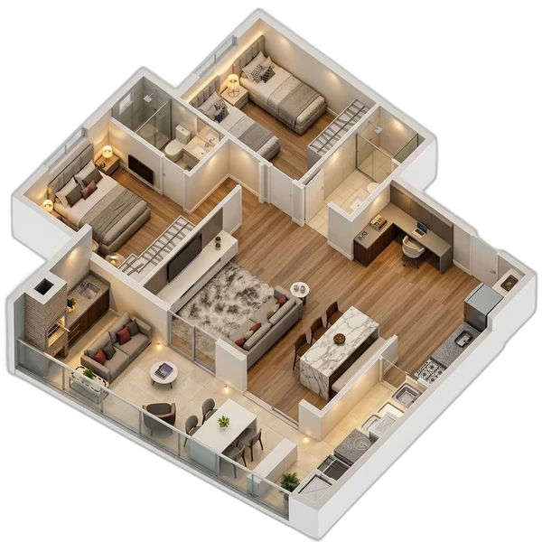 Planta 3D 76m² 3 Dorms com Suíte